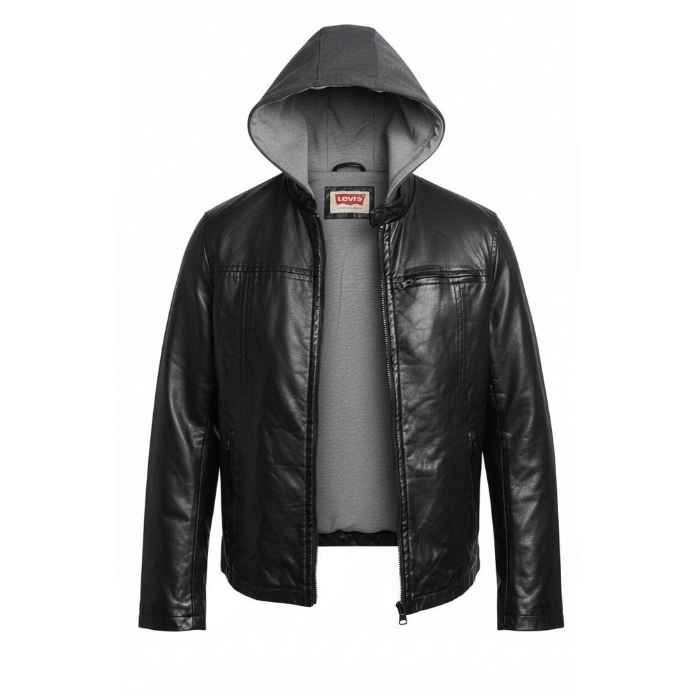 Levi's Faux Leather‎ Moto Jacket With Hood Black Full Zip Women's Small